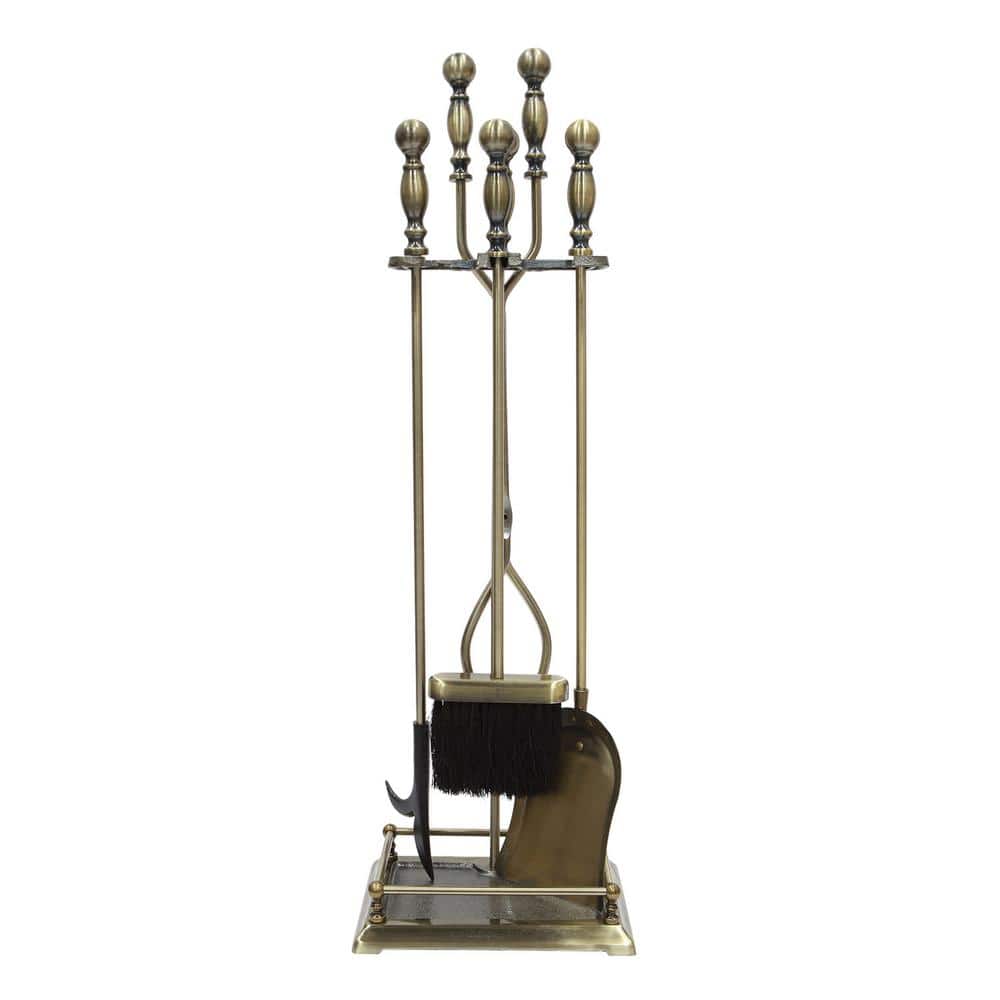 30.5 in. Tall 5-Piece Antique Brass Oxford Fireplace Tool Set - Hercitys