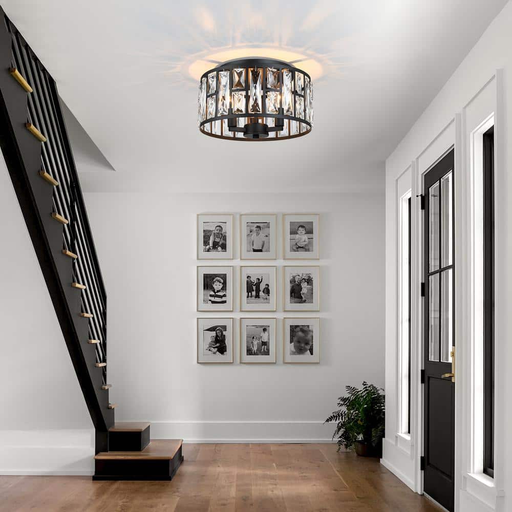 12 in. 3-Light Round Modern Black Drum Flush Mount Ceiling Light with Clear Crystal Shade - Hercitys