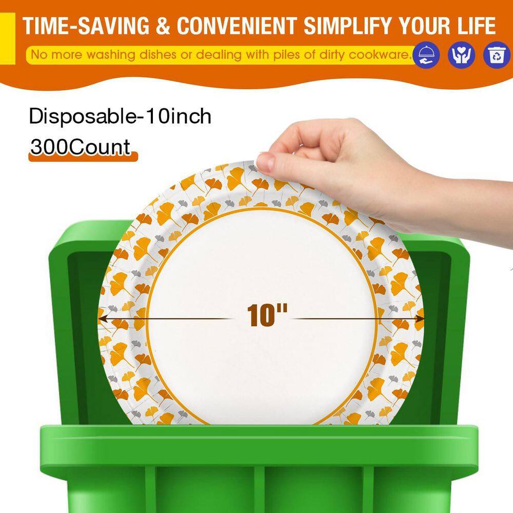 10 in. Disposable Paper Plates with Ginkgo Design, 300 Count Bulk Pack - Hercitys