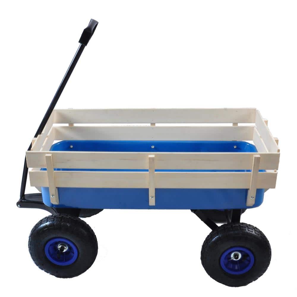 3 cu. ft. Steel Wood Blue Garden Cart with Air Tires, Adjusted handle and Detachable Wood Fence - Hercitys