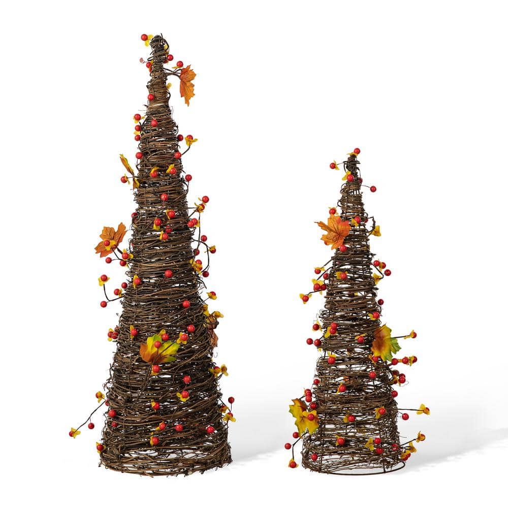 24 in. H Fall Rattan Berries and Maple Leaves Table Tree ( Set of 2) - Hercitys