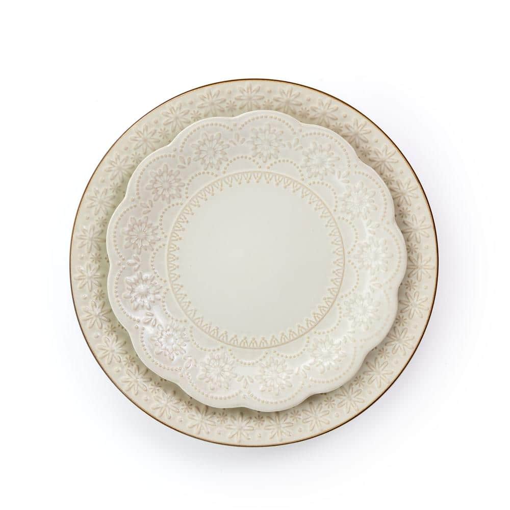 16-Piece Contessa Embossed Ivory Stoneware Dinnerware Set (Service for 4) - Hercitys