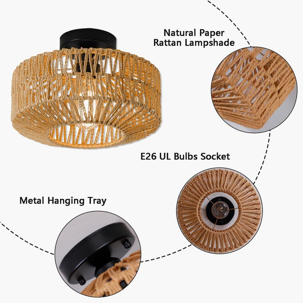 11.8 in. 1-Light Bohemian Natural Rattan Semi-Flush Mount Ceiling Light - Hercitys