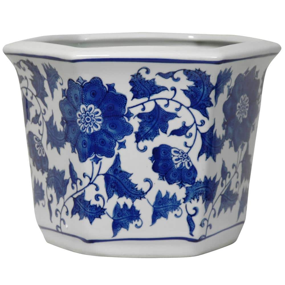 10 in. Floral Blue and White Porcelain Flower Pot - Hercitys