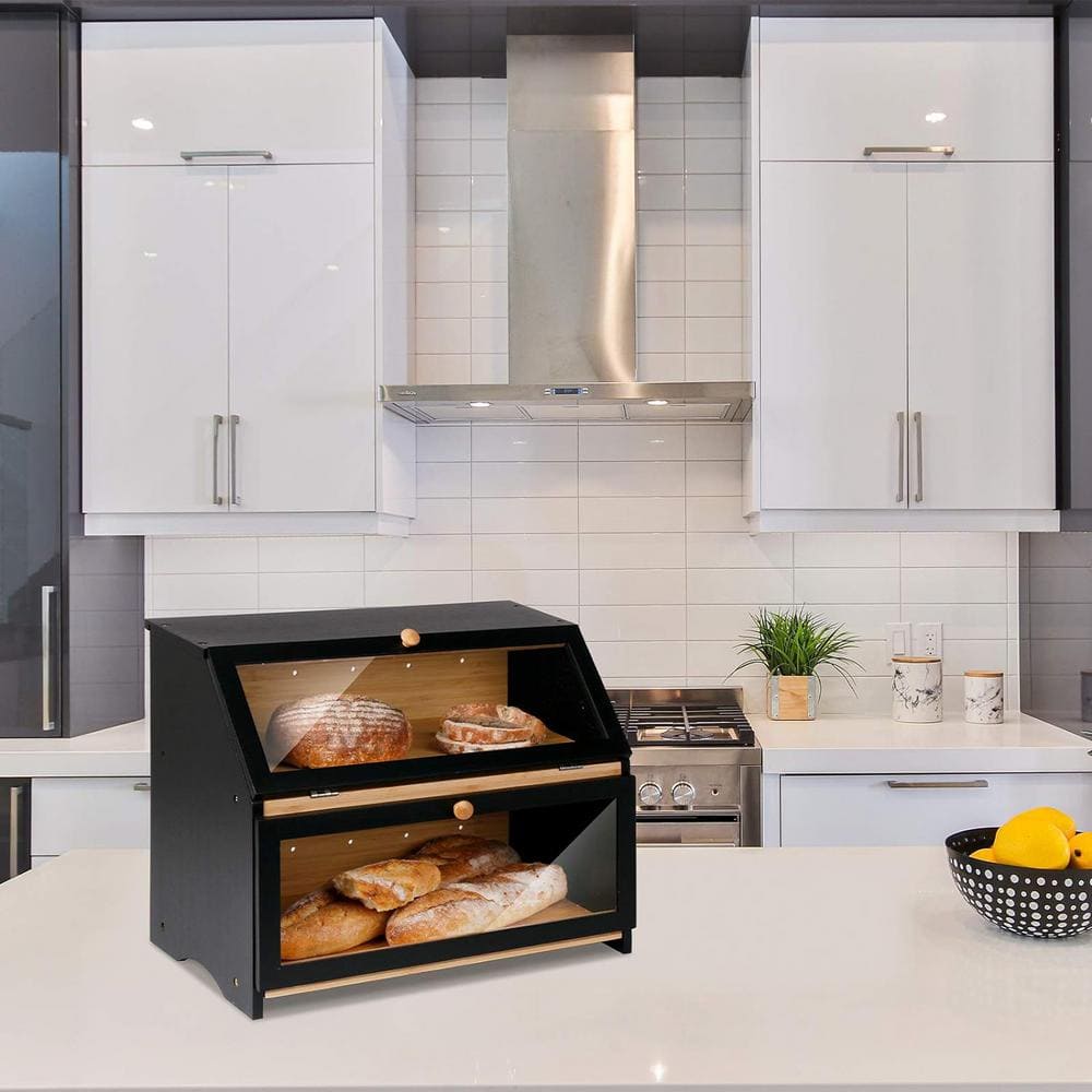 1-Piece Double Layer Bread Box for Kitchen Counter, Wooden Large Capacity Bread Storage Bin (Black) - Hercitys