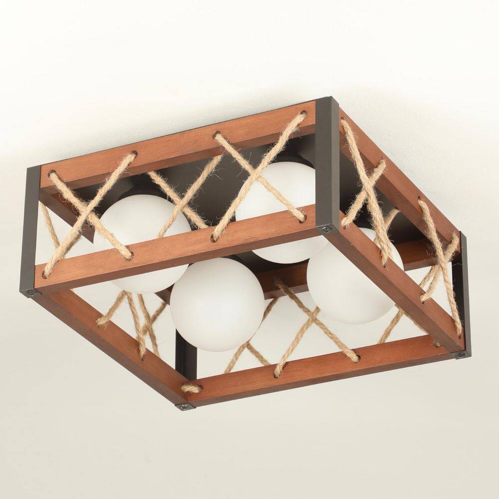 16 in. 25-Watt Farmhouse Rustic Square Wood Dimmable LED Flush Mount Ceiling Light with Acrylic Shatterproof Shade - Hercitys