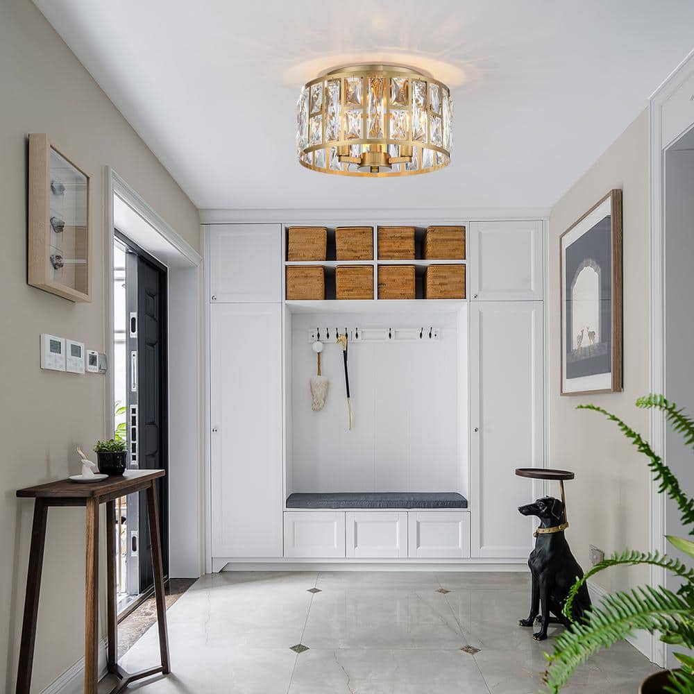 12 in. 3-Light Round Modern Gold Drum Flush Mount Ceiling Light with Clear Crystal Shade - Hercitys