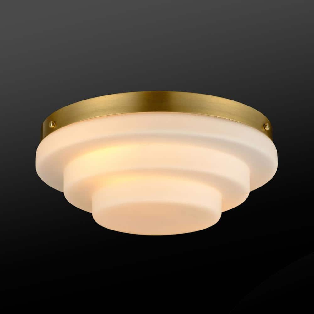 11.81 in. 2-Light Matte Brass Flush Mount Ceiling Light with Tiered Milk Glass Shade - Hercitys