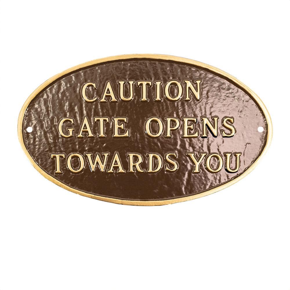10 in. x 18 in. Large Oval Caution Gate Opens Towards You Statement Plaque Sign – Oil Rubbed/Gold - Hercitys