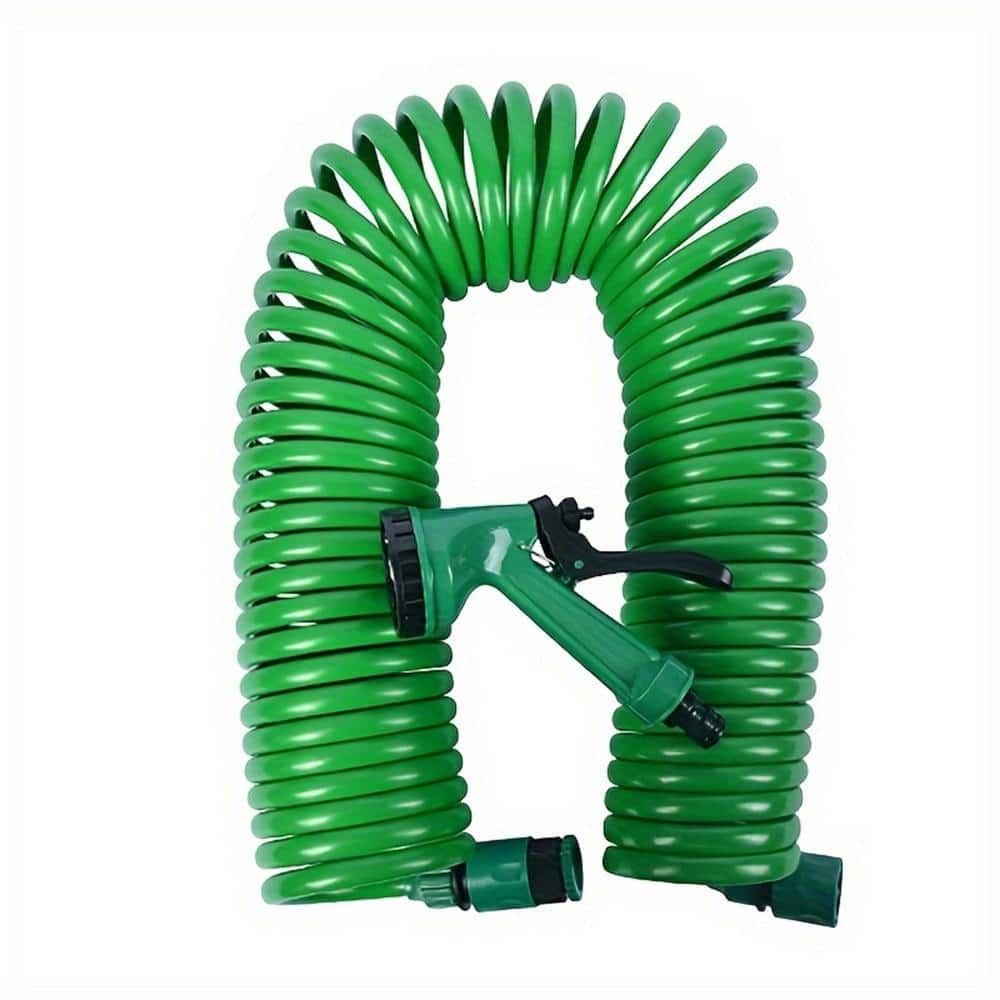 5/8 in. Dia x 50 ft. Green Recoil Garden Hose Brass Connector Coiled Water Hose Light-Weight 10 Patterns Spray Nozzle - Hercitys