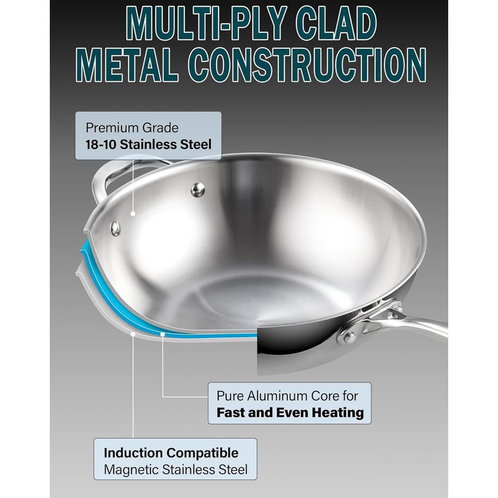 10.5 inch Multi-Ply Clad Stainless Steel Wok with Lid, Induction Compatible - Hercitys