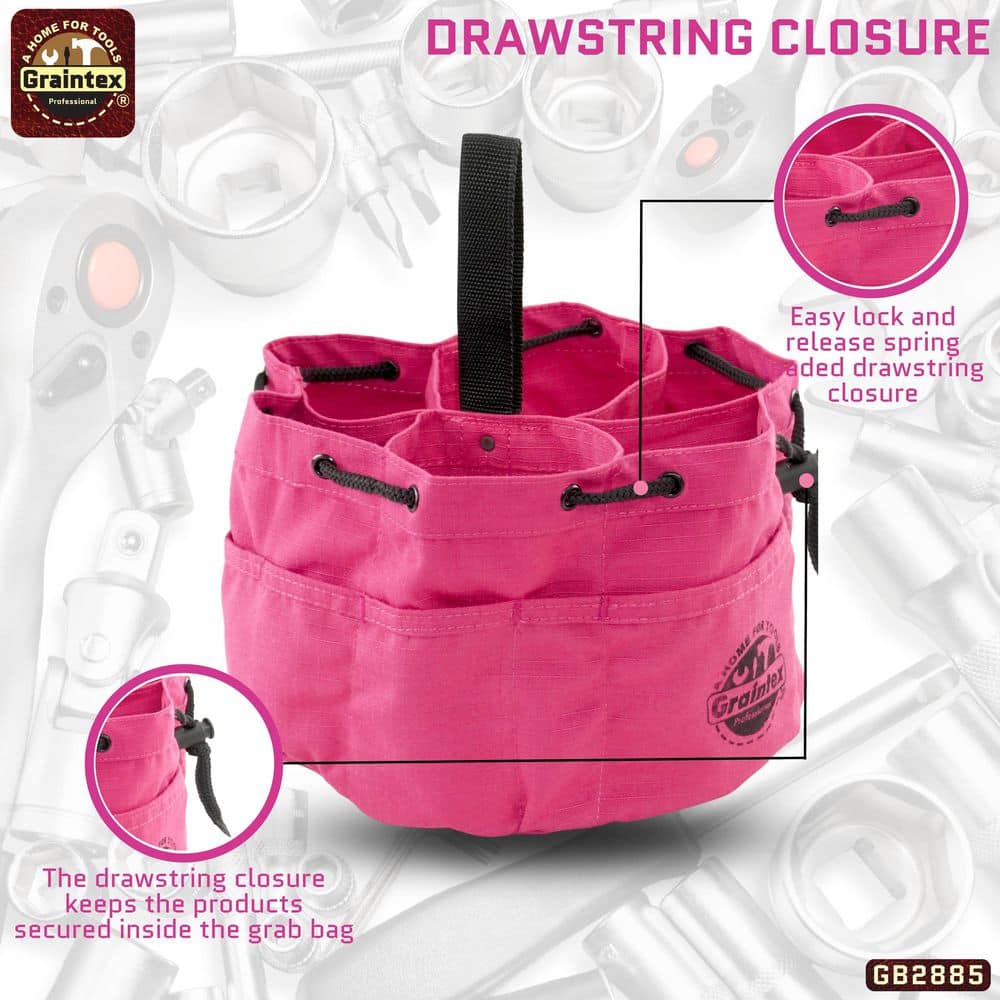 10 in. 18-Pocket Grab Tool Bag with Drawstring Closure in Pink Canvas - Hercitys