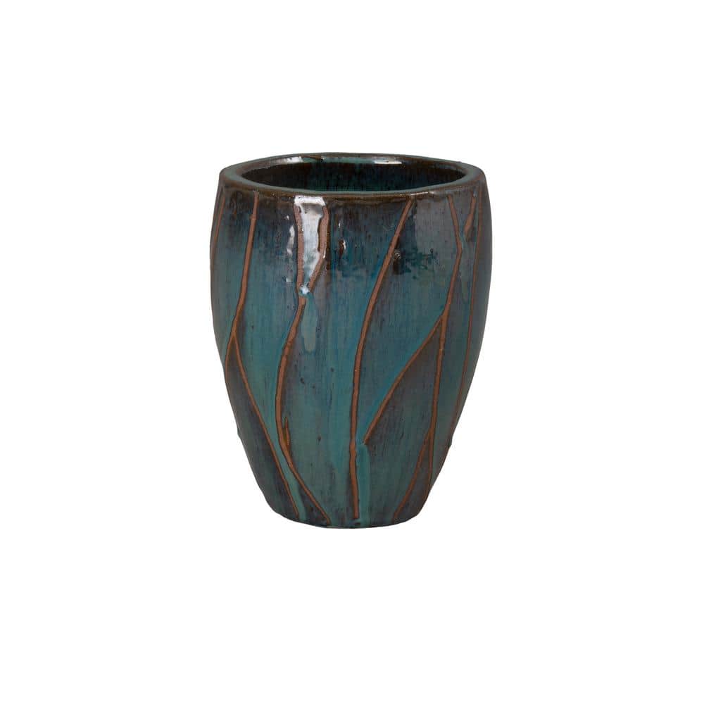 10 in. L x 12 in. H Teal Ceramic Round Planter - Hercitys