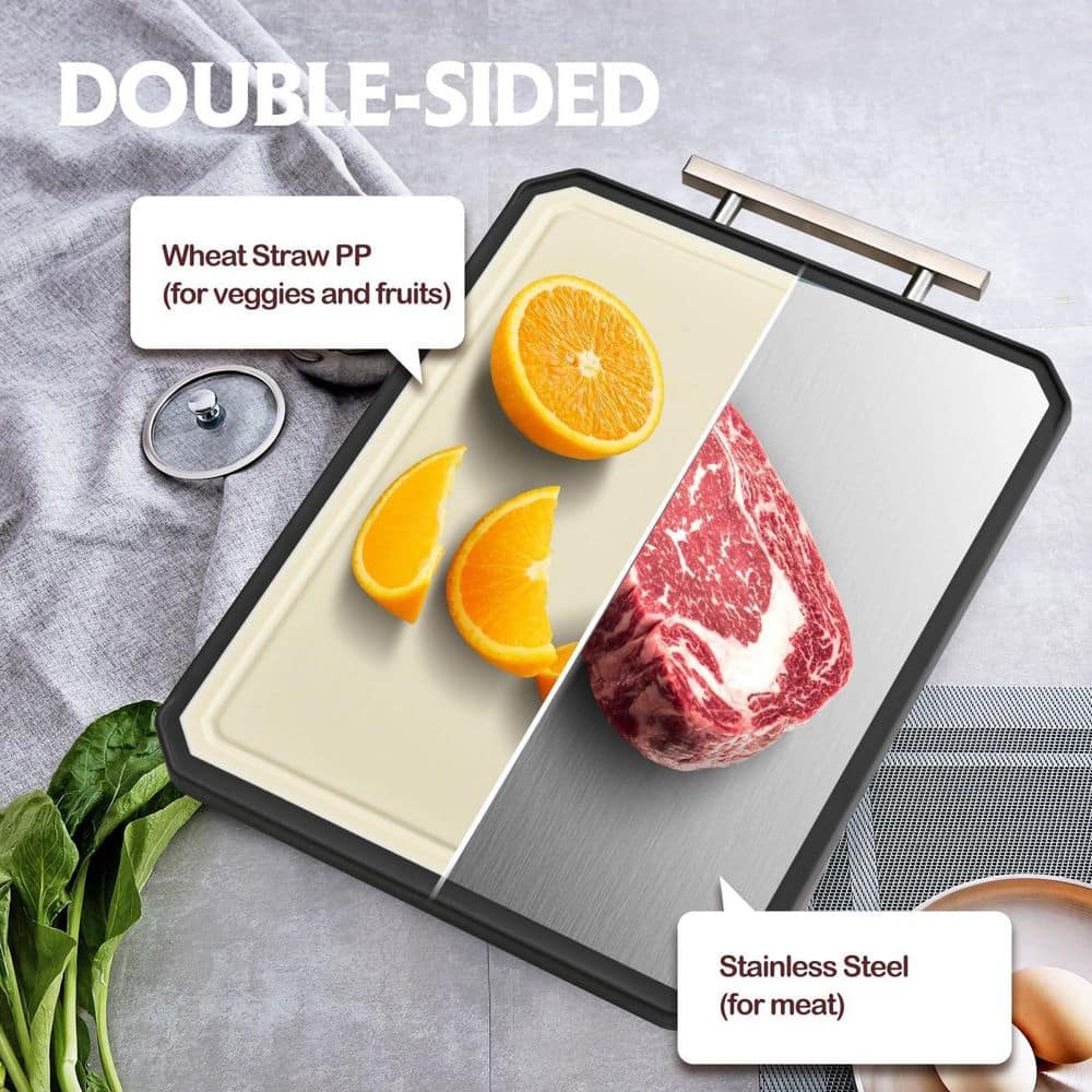 16 in. x 11 in. Rectangular Stainless Steel and Wheat Straw Polypropylene Double Sided Cutting Board with Handle - Hercitys