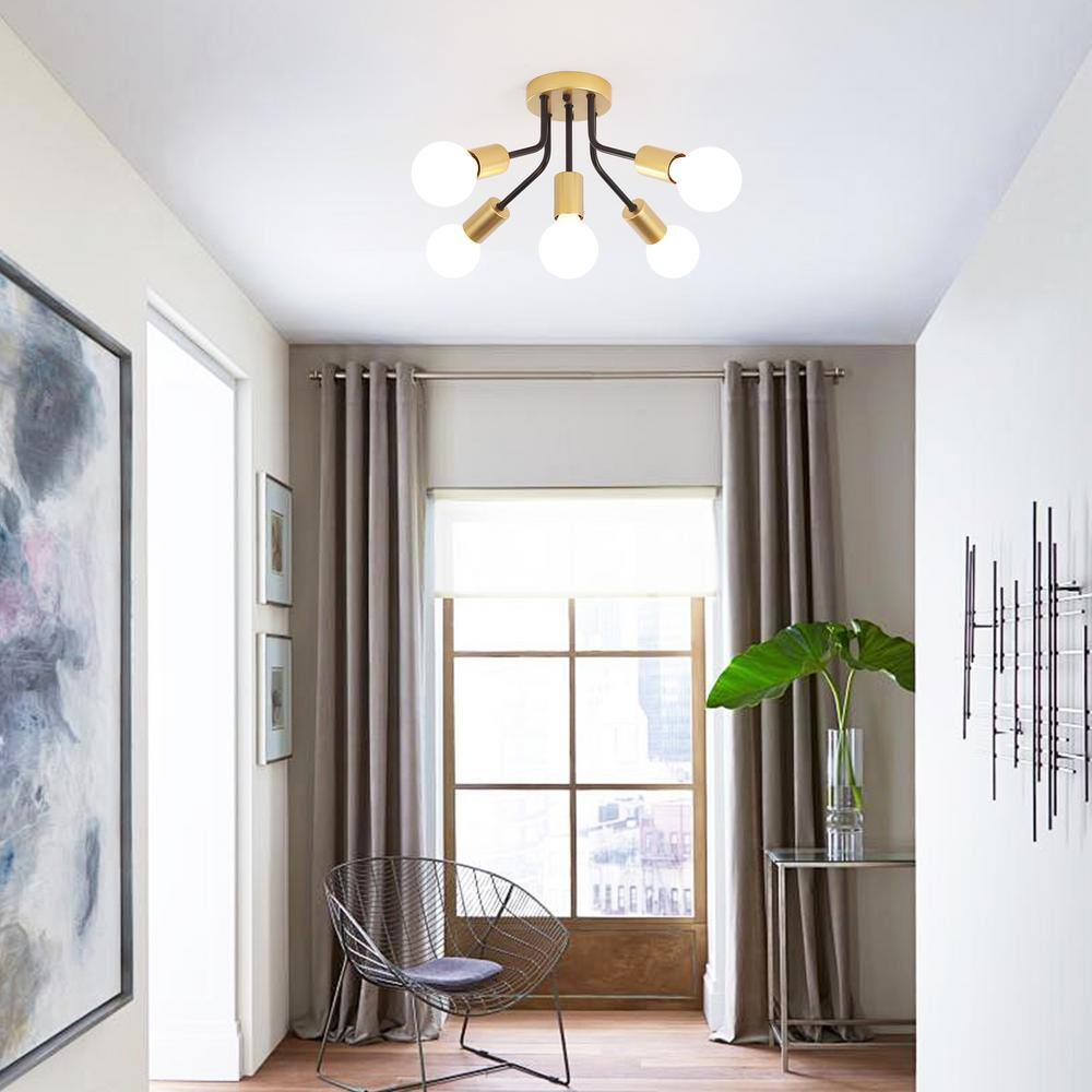 14.76 in. 5-light Matte Black/Golden Modern Linear Semi-Flush Mount for Foyer with No Bulbs Included - Hercitys
