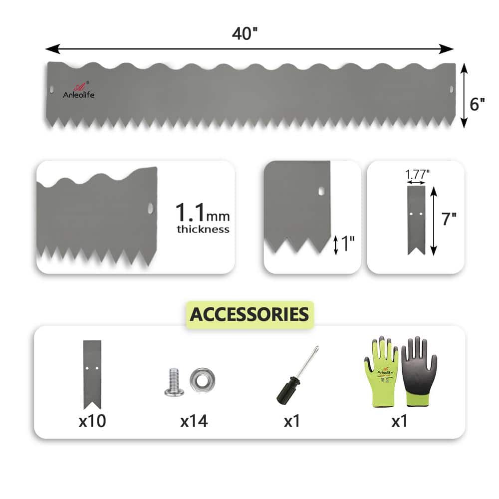 40 in. x 6 in. Quartz Grey Galvanized Steel Garden Landscape Edging Lawn Border with Gloves and 10 Stakes (6-Pieces ) - Hercitys