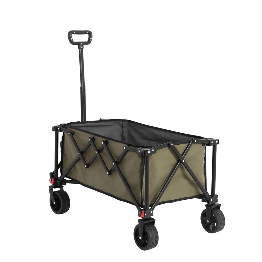 5.87 cu. ft. Army Green Fabric Folding Wagon Cart, Heavy Duty Garden Cart with All-Terrain Wheels and Adjustable Handle - Hercitys