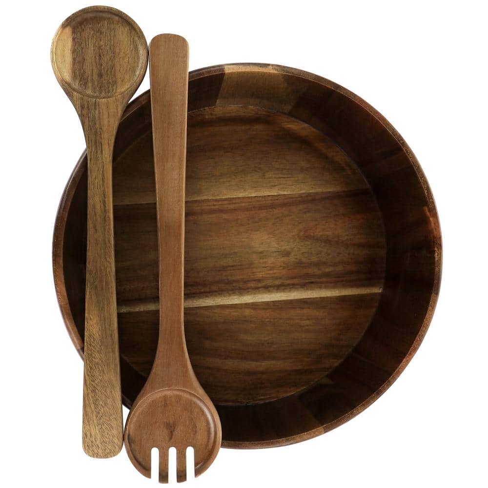 13 in. 70 fl. Oz. Brown Acacia Wood Salad Serving Bowl and Spoon (Set of 3) - Hercitys