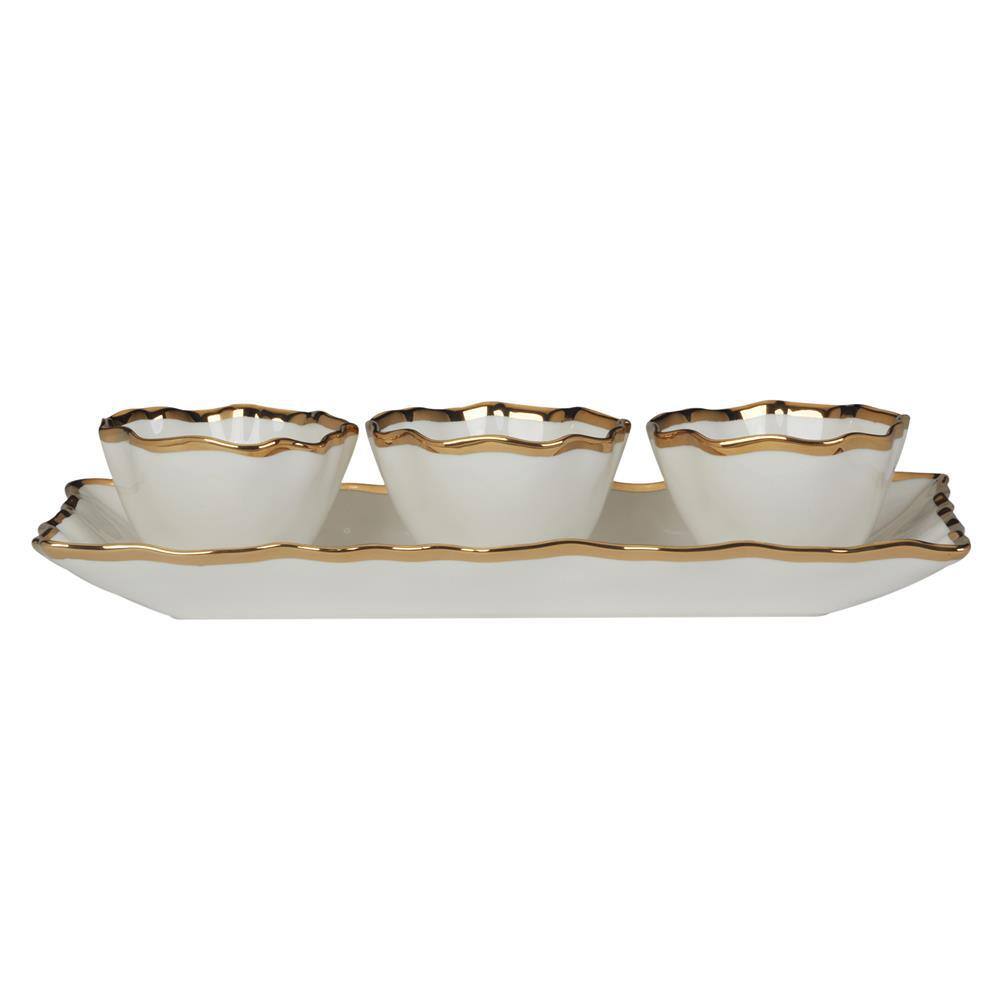 14 in. W x 6.25 in. H x 1.75 in. D White Porcelain Regency Gold 4-Piece Serving Tray - Hercitys