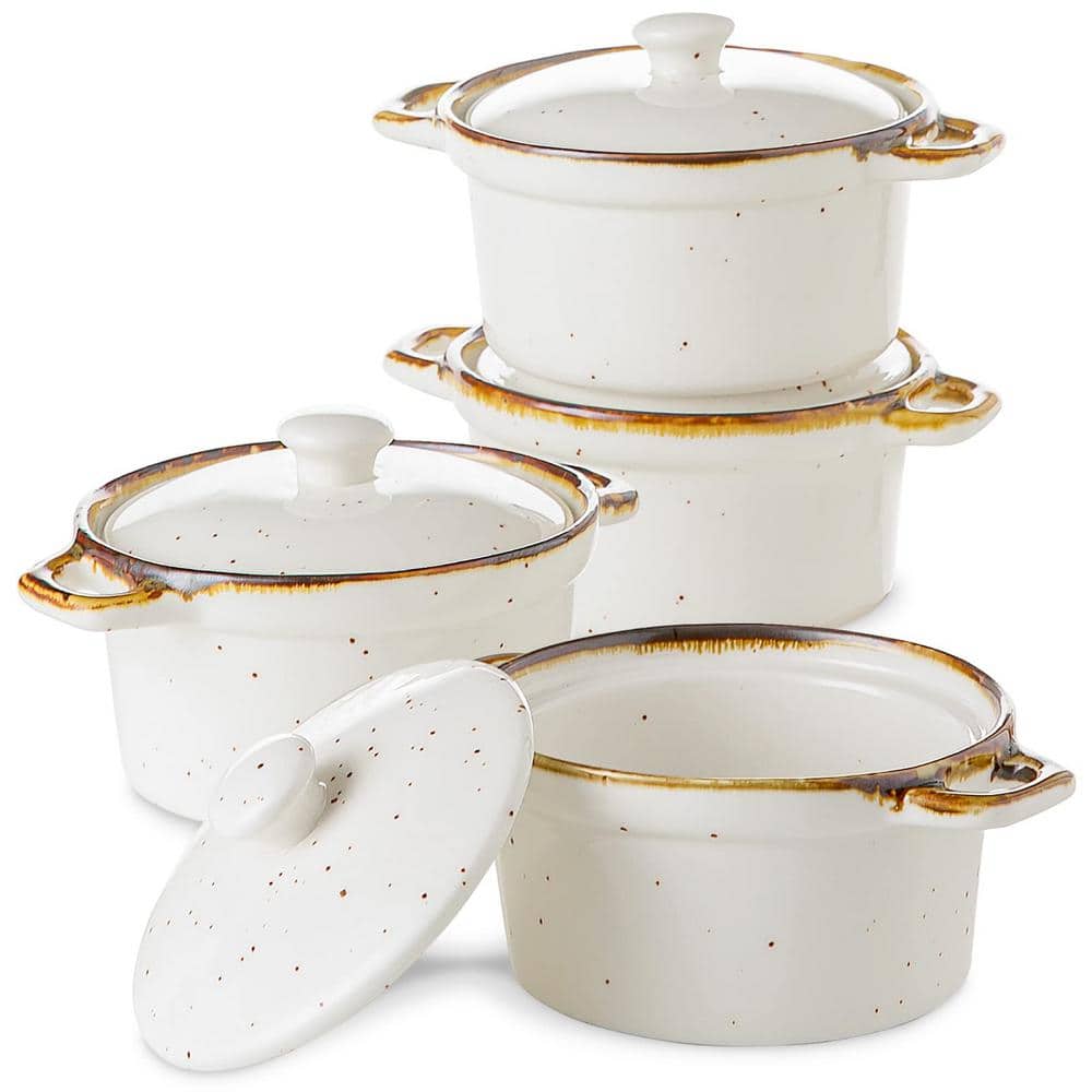 4-Piece Ceramic Small Casserole Dish Set of 4 Handles for Baking Creme Brule Soup, Creamy White - Hercitys