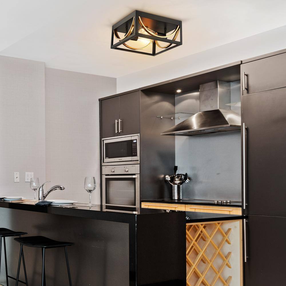 11.8 in. 2-Light Matte Black and Brass Square Flush Mount Ceiling Light - Hercitys