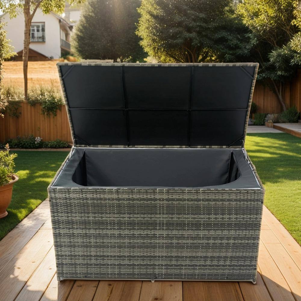 113 Gal. Gray Rattan Deck Box, Outdoor Storage Box with Lid and Zipper for Patio Cushions, Pool Supplies, Garden Tools - Hercitys