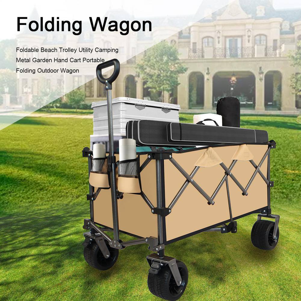 3.5 cu. ft. Steel Garden Cart, Collapsible Folding Wagon, Push Pull Foldable Beach Wagon Cart in Grayish Brown - Hercitys