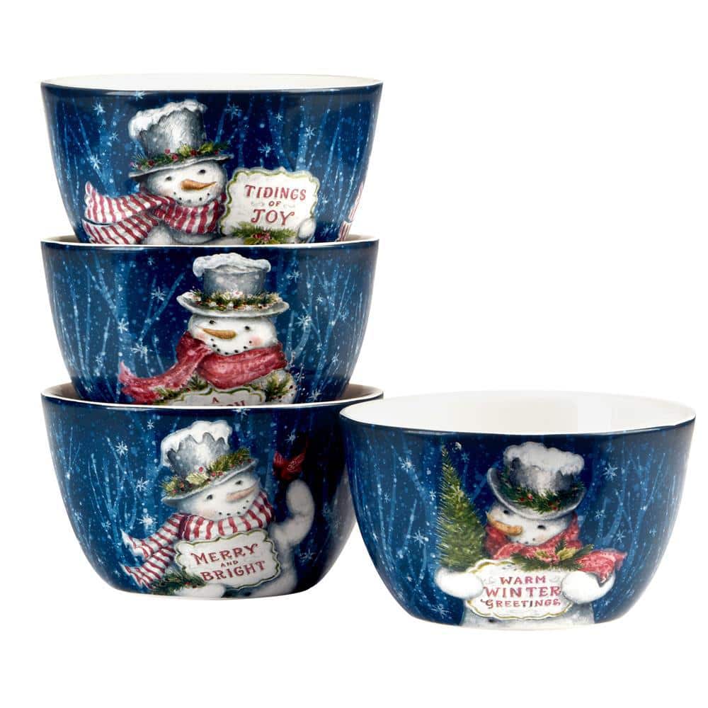 24 fl. oz. Multi-Colored Earthenware Snowman Greetings Ice Cream Bowl (Set of 4) - Hercitys