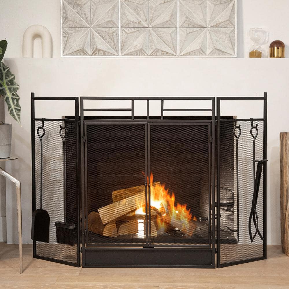4-Panel Wrought Iron Fireplace Screen Fire Spark Guard Hinged Doors with 4 Tools - Hercitys