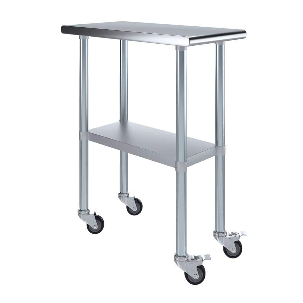30 in. x 15 in. Stainless Steel Work Table with Casters Mobile Metal Kitchen Utility Table with Bottom Shelf - Hercitys