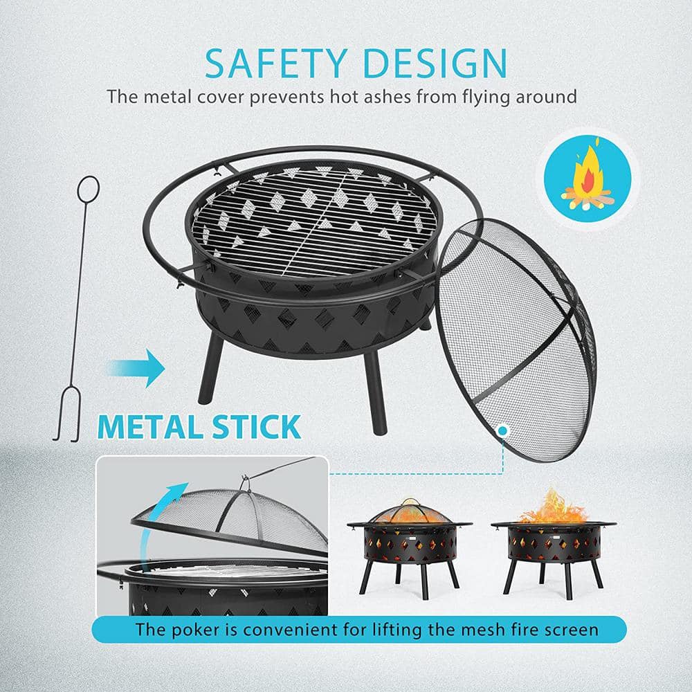 37.8 in. x 21.4 in. Round Iron Wood Fire Pit with Spark Screen, Round Grill Grid, Poker and Fireplace Cover (6-Piece) - Hercitys
