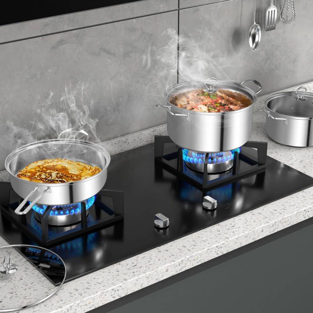 12-Piece Stainless Steel Pots and Pans Set with Tempered Glass Lids and Handles - Hercitys