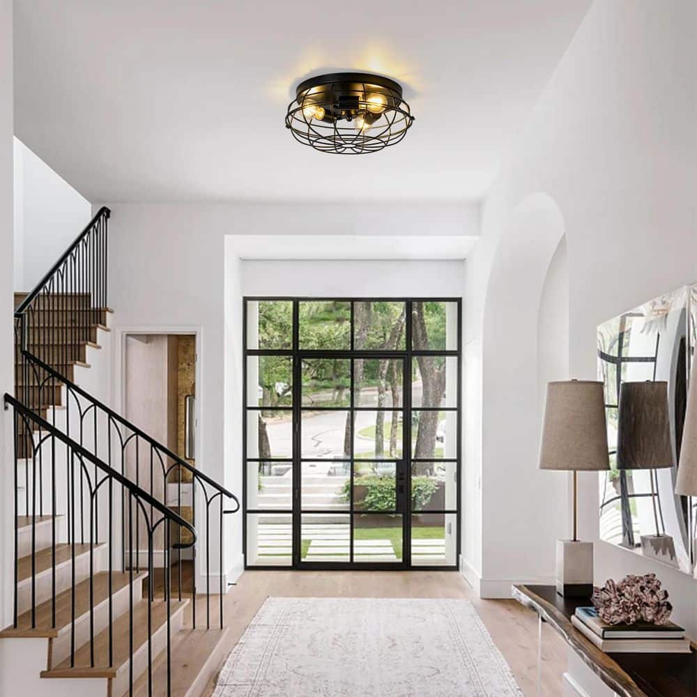 14.96 In. 3-Light Industrial Black Flush Mount Ceiling Light Fixture with Metal Cage for Living Room, No Bulbs Included - Hercitys