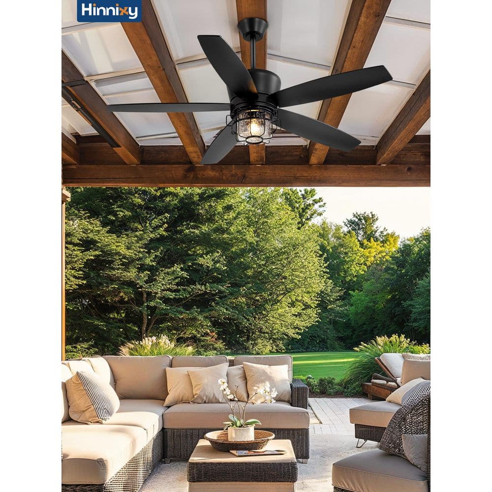 52 in. Outdoor Black Waterproof Ceiling Fan with Lights and Remote Control, 6-speeds, 3-CCT, Downrod Mmount/Angled Mount - Hercitys