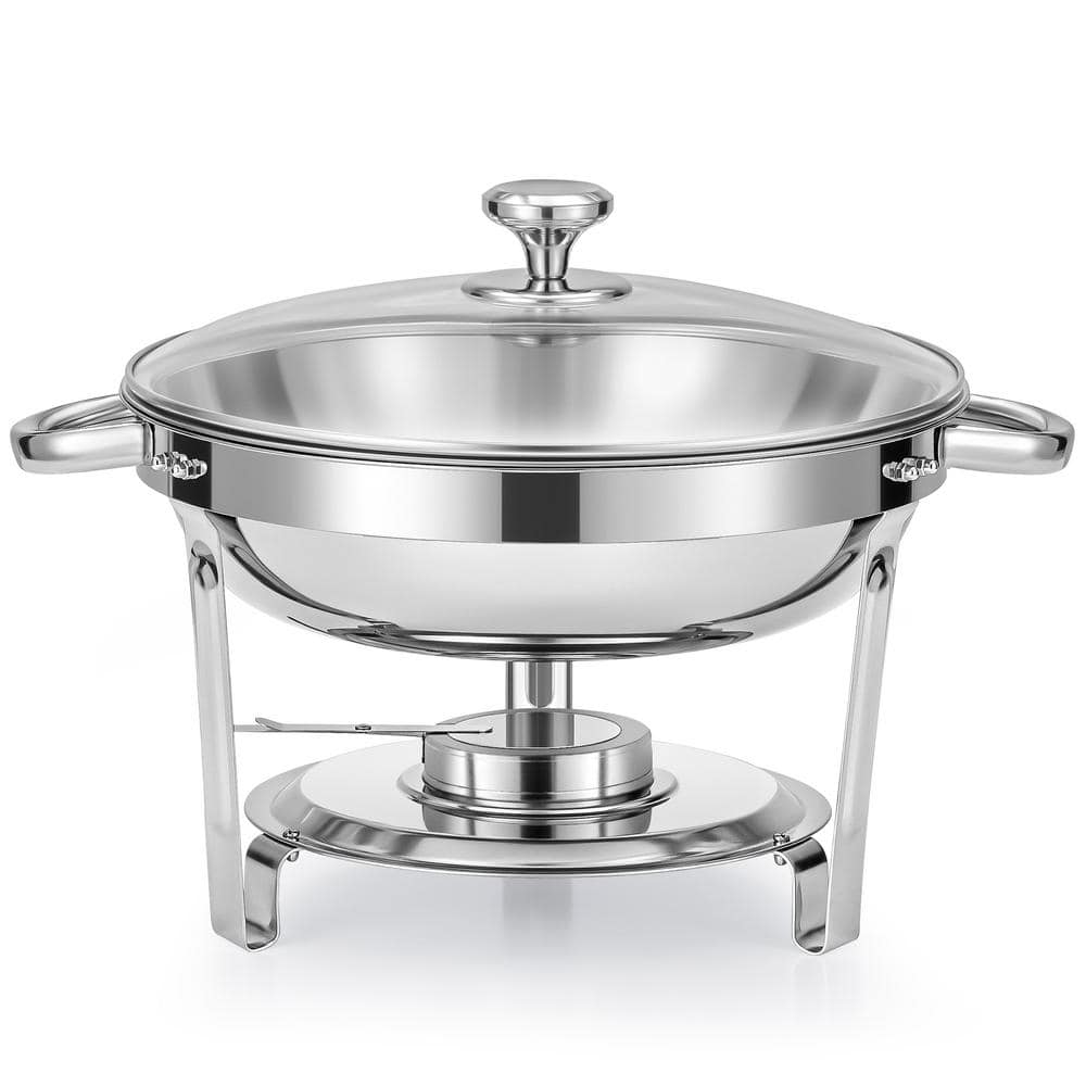 5 qt Stainless Steel Round Chafing Dish Buffet Set for Catering with Glass Lid & Lid Holder - Hercitys