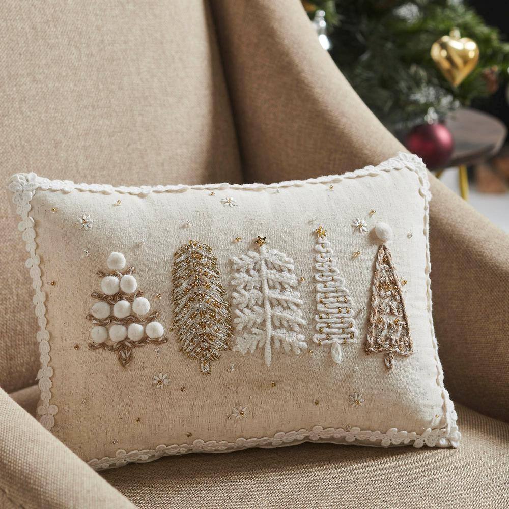10 in. x 14 in. Creme Embellished Christmas Trees Decorative Throw Pillow - Hercitys