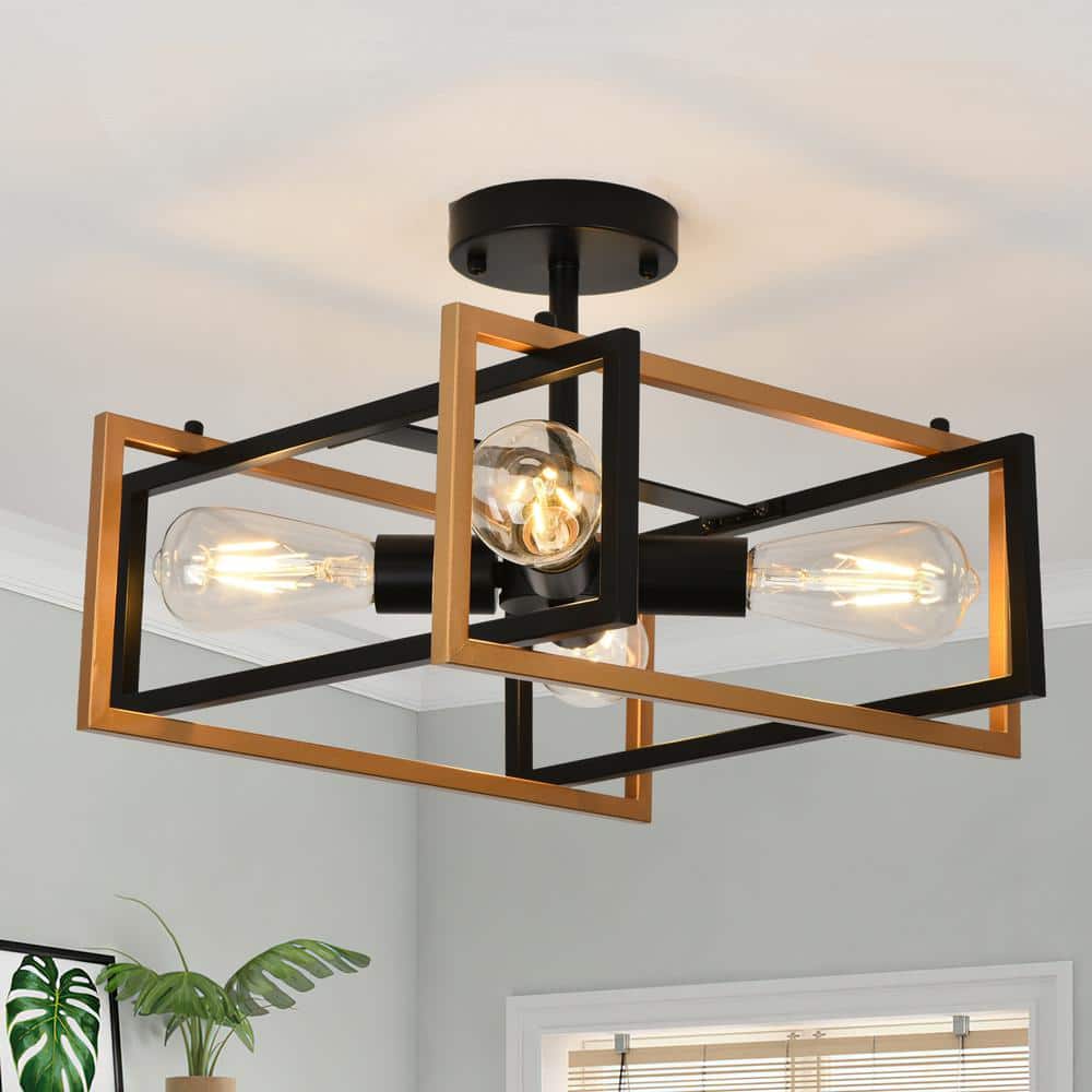 14.96 in. 4-Lights Black and Gold Industrial Square Frame Semi-Flush Mount Ceiling Light for Living Room and Study - Hercitys