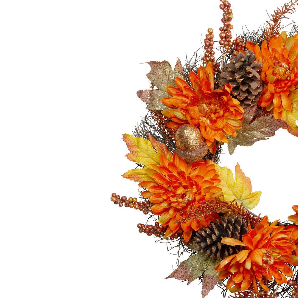 22 in. x 5 in. Unlit Autumn Harvest Orange Cactus Mums Wreath with Brown Acorns Artificial Grapevine - Hercitys