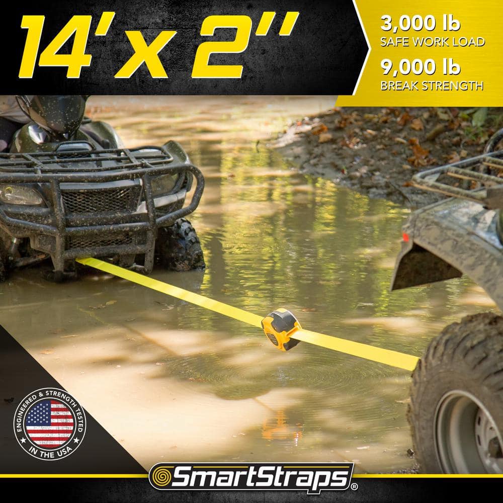 14 ft. 3,000 lb. Working Load Limit Yellow Retractable Tow Rope Strap with Hooks - Hercitys