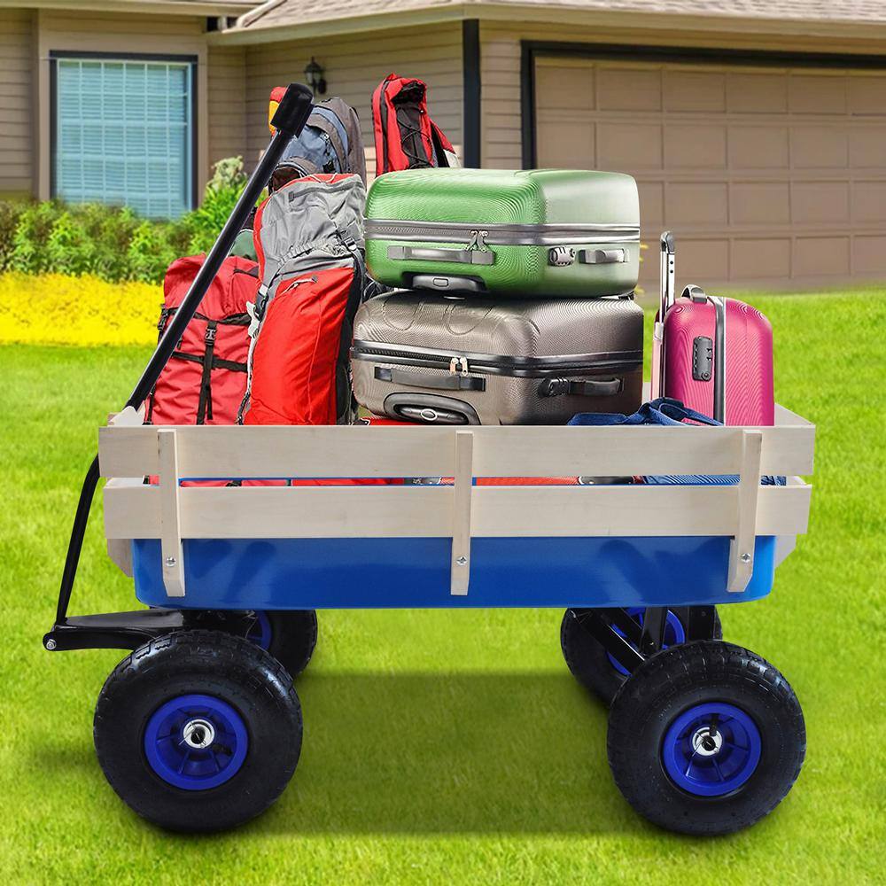 3.04 cu. ft. 176 lbs. Steel Outdoor All-Terrain Frame Wood Railing Pulling Wagon Garden Cart in Blue - Hercitys