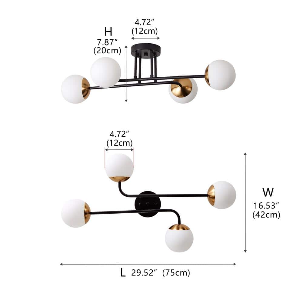 28 in. Modern 4-Light Black Semi Flush Mount Industrial Black and Gold Sputnik Chandelier - Hercitys