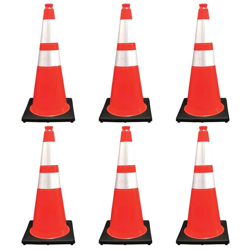 28 in. Orange Traffic Cone with Black Base and 4 in. and 6 in. Reflective Collars 10 lbs. (6-Pack) - Hercitys