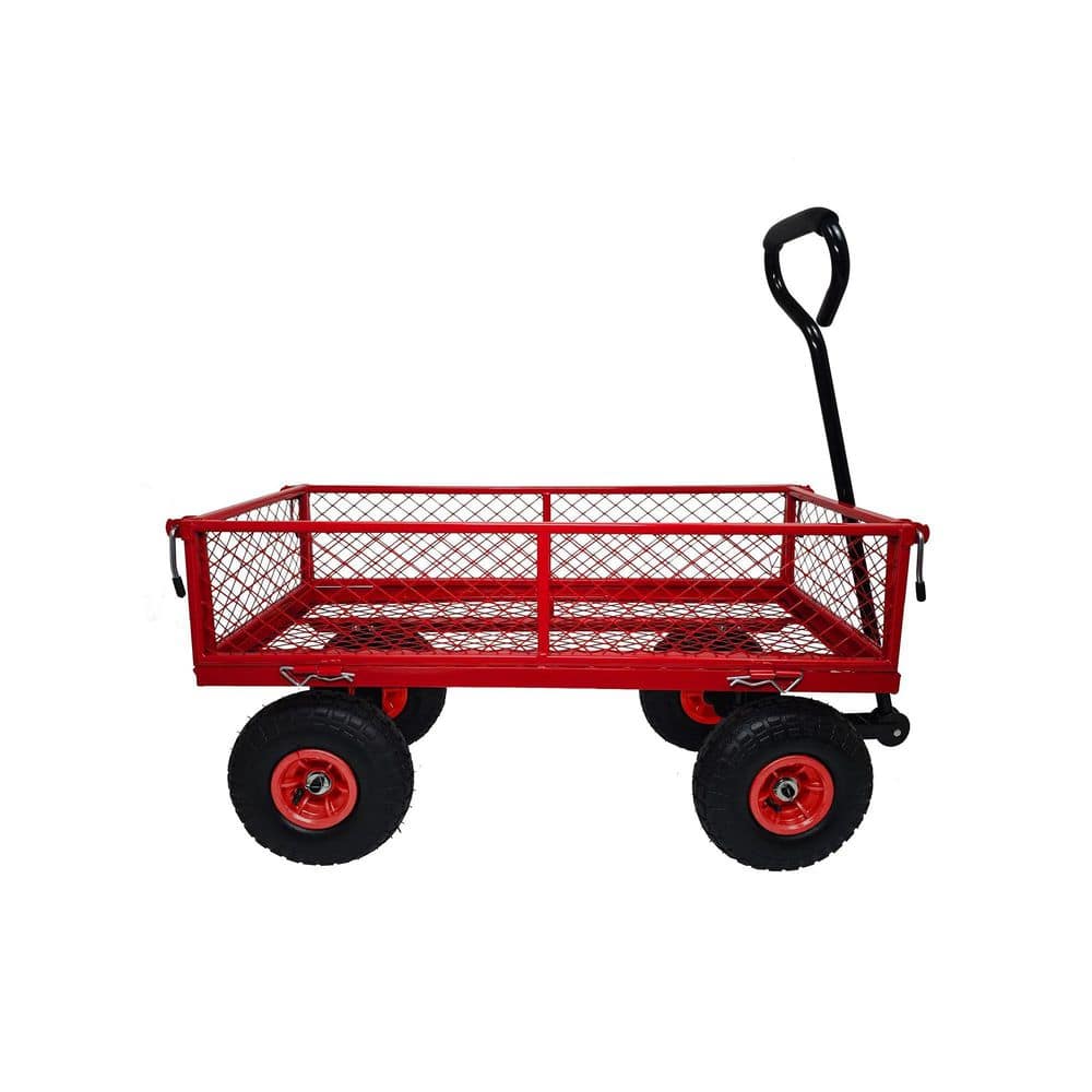 3 cu. ft. Steel Mesh Garden Cart with Removable Sides, 10 in. Wheels and 180° Rotating Handle for Garden and Yard, Red - Hercitys