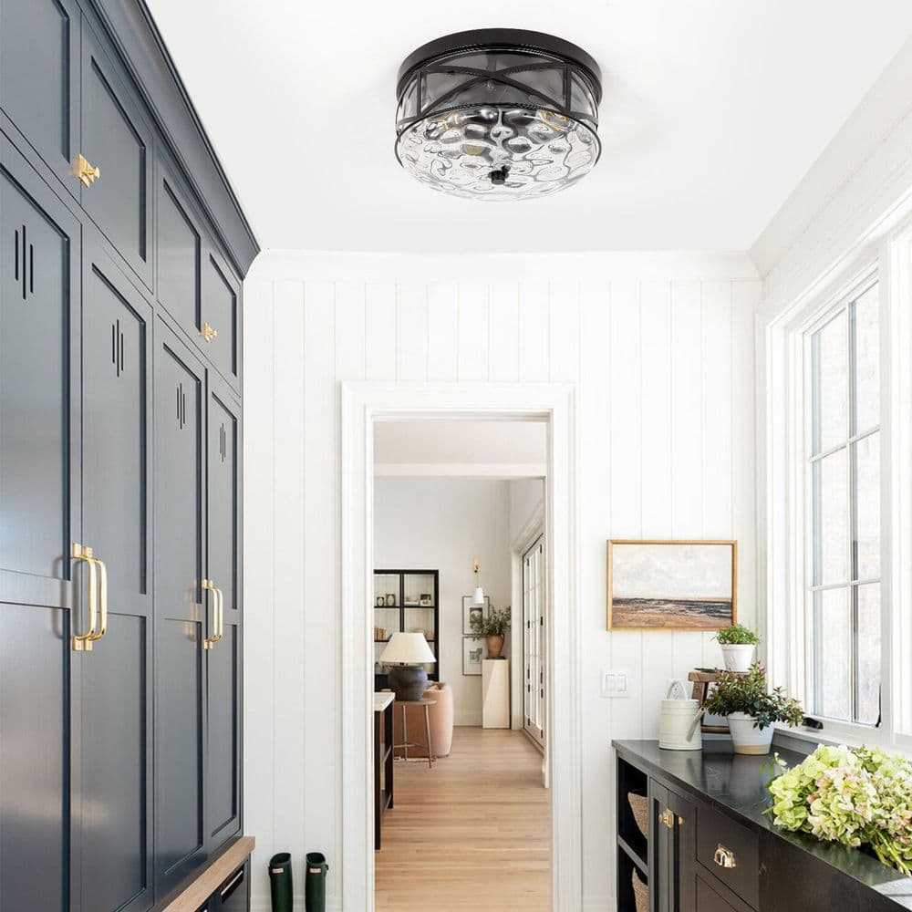 12 in. 2-Light Black Flush Mount Water Ripple Glass Ceiling Light with Metal Frame - Hercitys