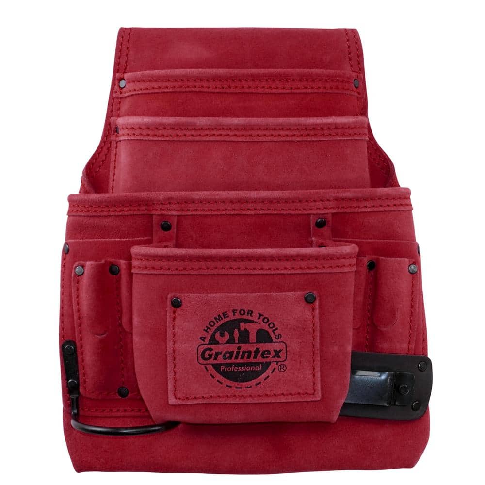 10-Pocket Suede Leather Nail and Tool Pouch in Burgundy w/2 Hammer Holders - Hercitys