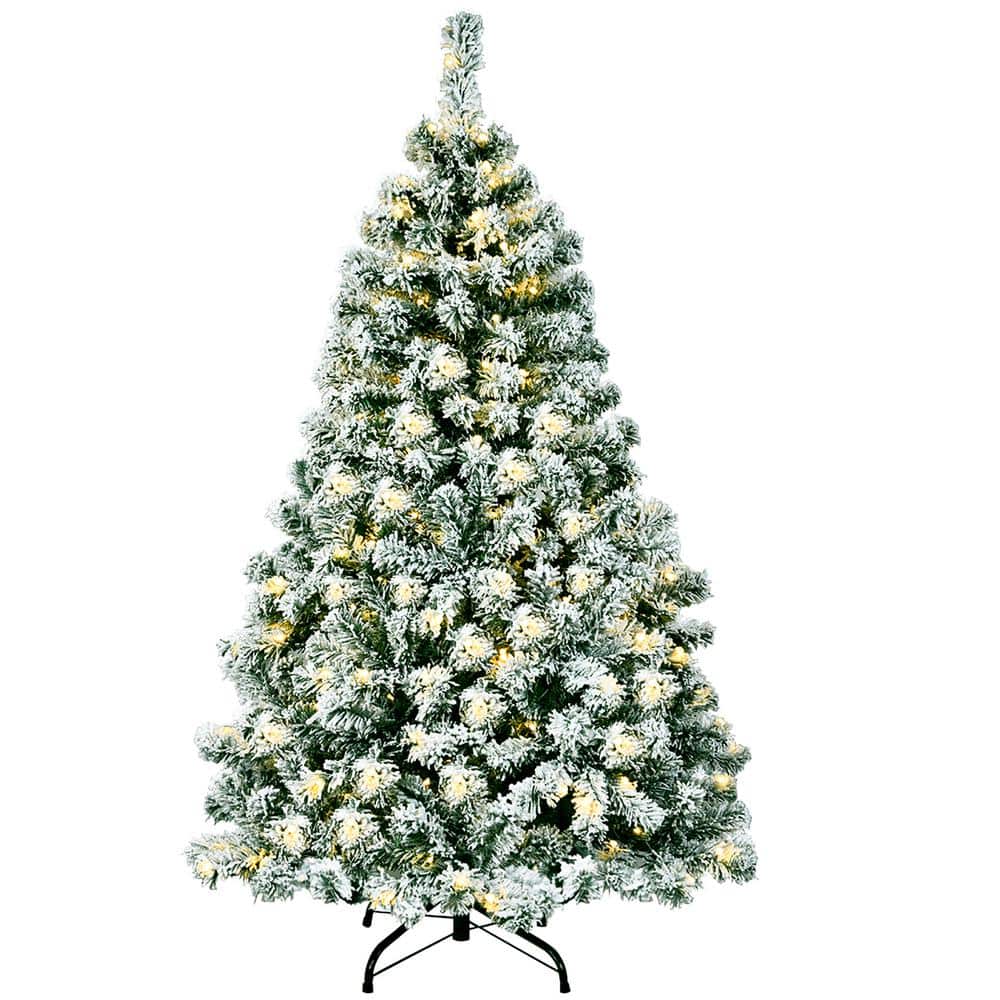 4.5 ft. Pre-Lit Snow Flocked Hinged Pine Artificial Christmas Tree with 200 Warm LED Lights - Hercitys