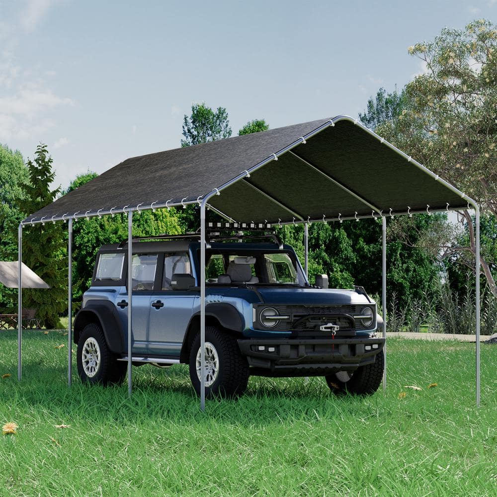 10 ft. W x 20 ft. D Outdoor Portable Carport Waterproof & UV Protected Garage Top Tarp Shelter Cover for Car, Boat, Grey - Hercitys