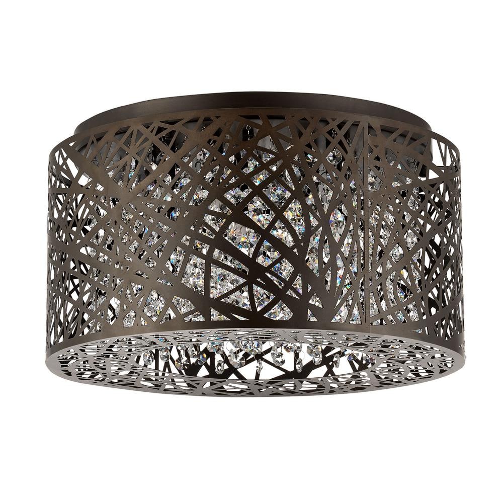 16 in. 7-Light Black Drum Flush Mount Crystal Chandelier with Nest Shaped Shade - Hercitys