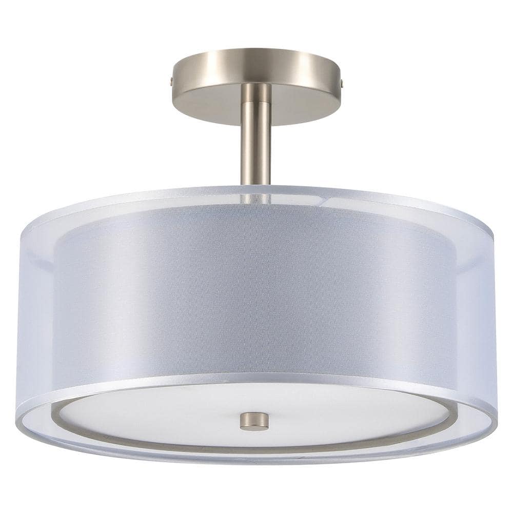 13 in. 3-Light Gray Semi-Flush Mount Ceiling Light Fixture Drum Light Fixture with 2-Layer Fabric Shade - Hercitys