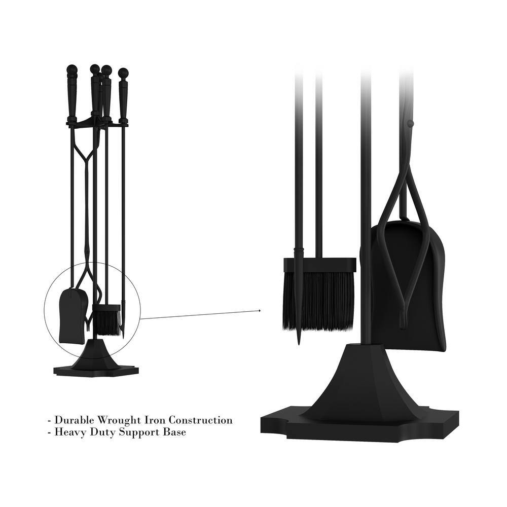 5-Piece Wrought Iron Fireplace Tool Set with Stand, Broom, Dustpan, Poker and Tongs in Matte Black - Hercitys